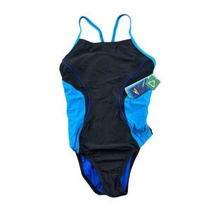 Speedo Swimsuit Women 8/34 Black Blue PowerFLEX Eco One Piece Competitive